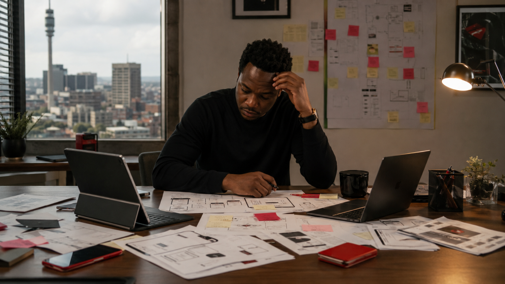 Black South African professionals planning a Starter Sprint with landing page wireframes, offer notes, and prototype strategy documents.