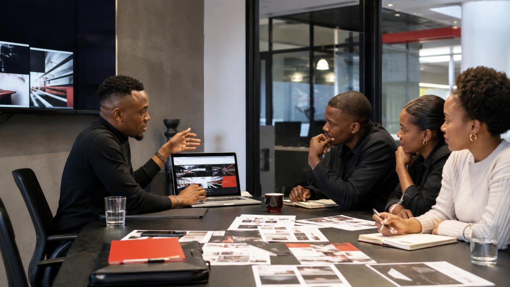 Black South African founder presenting a landing page prototype to a small team for feedback and concept validation.